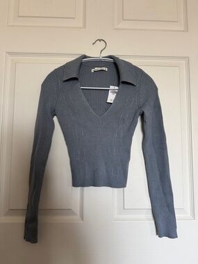 Abercrombie & fitch Ribbed V-Neck Collared Sweater Top (slate blue)